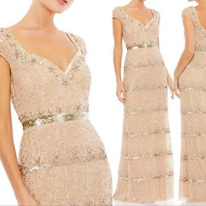 NWT Mac Duggal Cap Sleeve Embellished Gown Nude 8